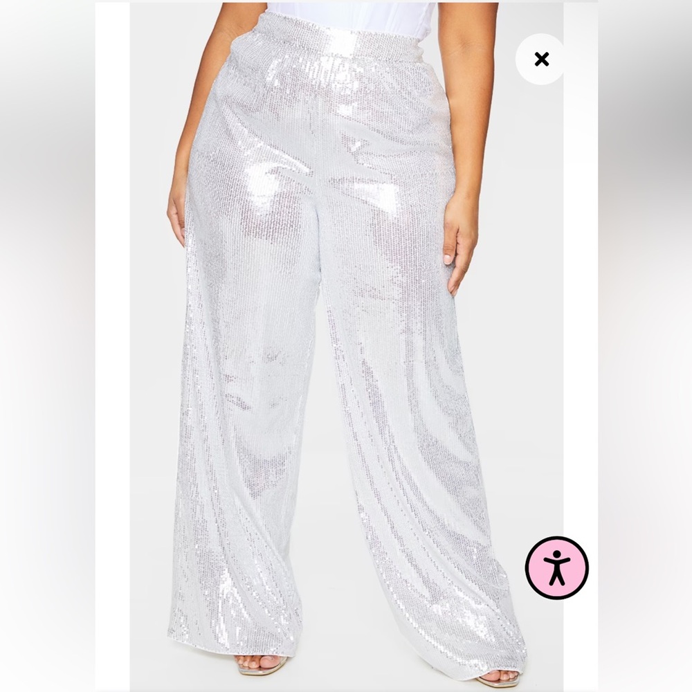 Pretty Little Thing | Womens Silver Sequin Wide Leg Pants - Size 1X